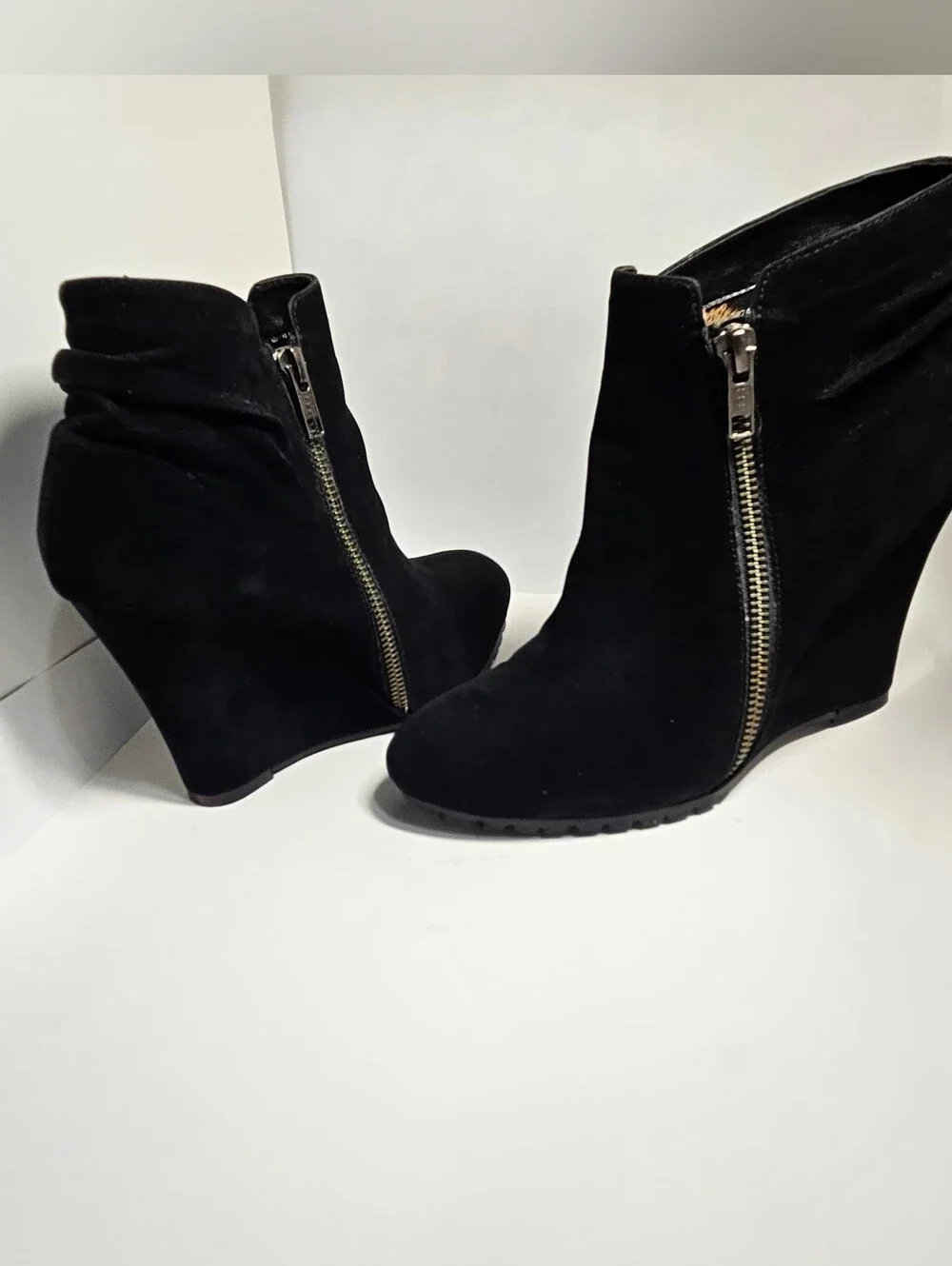 Jessica Simpson Black Suede Wedge Ankle Booties Leopard Lining Lug Sole Size 7M